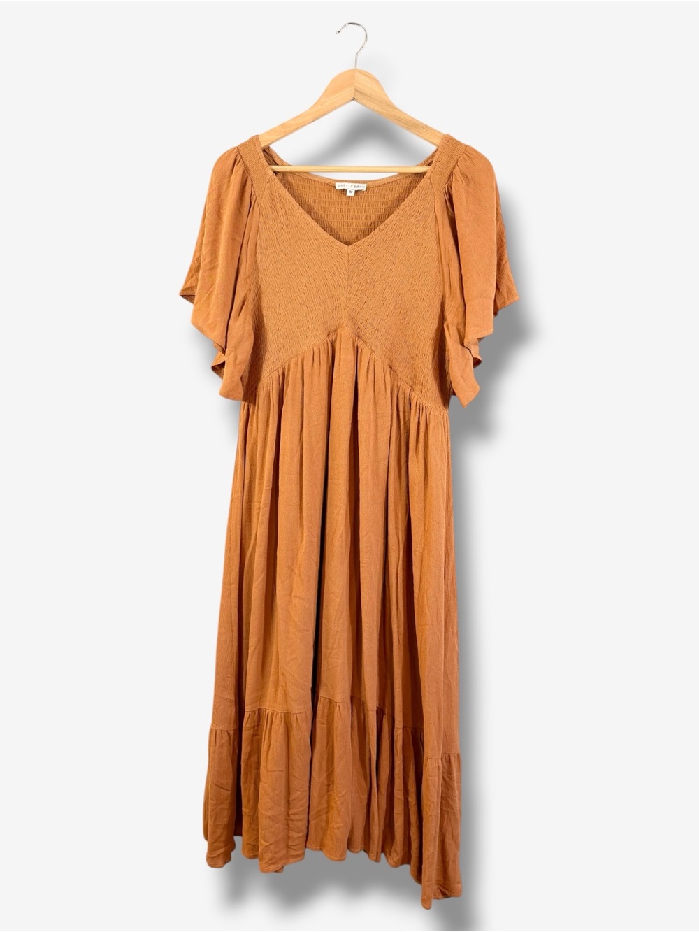 Baltic Born Felicity Smocked Midi Dress 1X Flutter Sleeve Camel Brown Casual